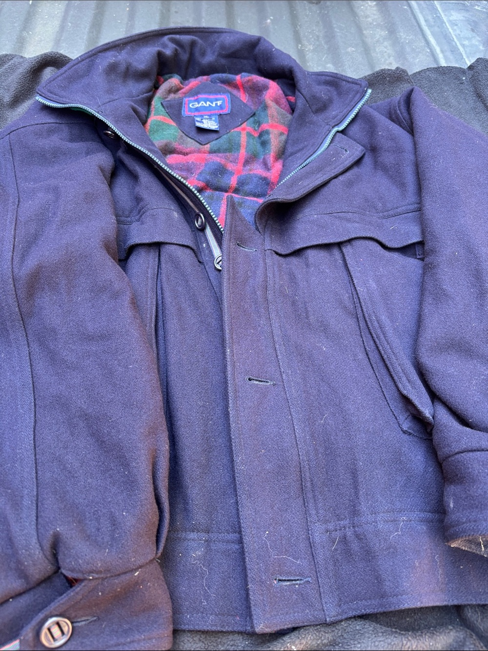 Gant Navy Wool Pea Coat with Red & Green Plaid Lining. Vintage 1990s.